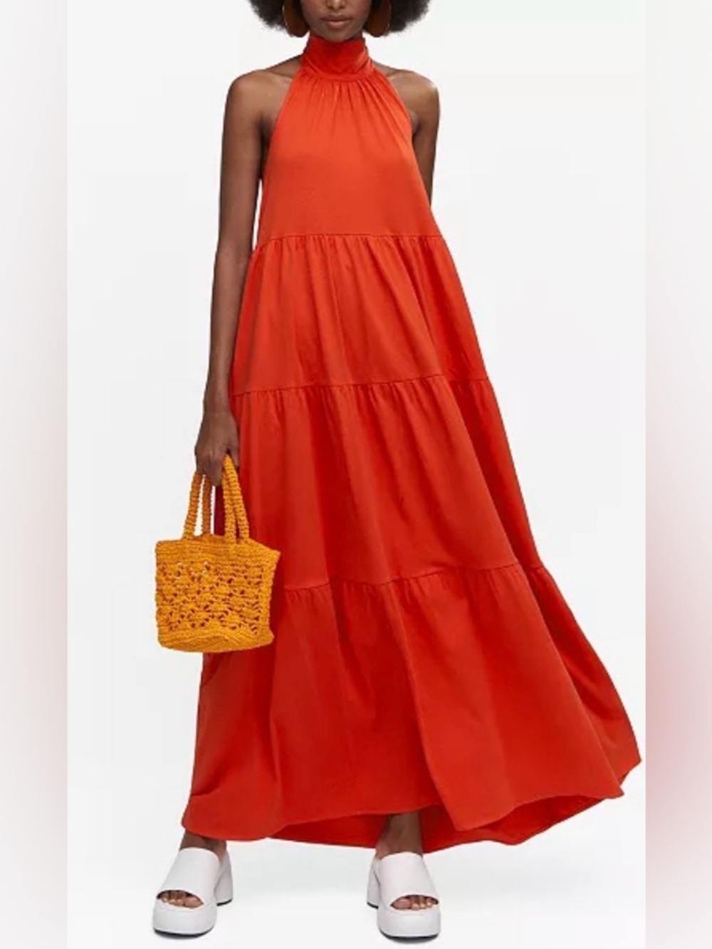 Mango Tiered Maxi Halter Dress in Bright Orange Size 16